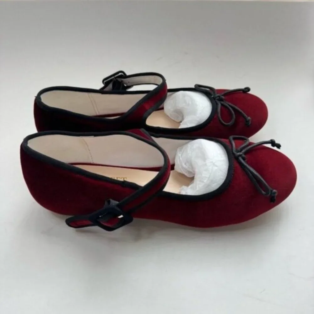 Size 7.5 Miss Left Women Bowknot Ankle Strap Classic Ballet Flats Burgundy - Picture 4 of 12